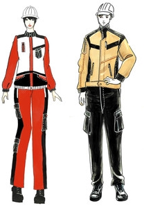 東京モード学園の学生がデザインした、男性作業着（右）と女性作業着（左）の最優秀作