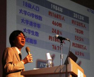 若者の就職状況が親の時代と変わった点を紹介する児美川教授＝揖斐川町谷汲名礼の谷汲サンサンホールで
