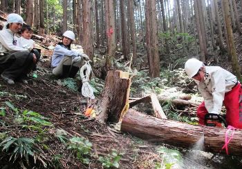 間伐体験でチェーンソーの使い方を学ぶ女性たち＝岐阜県美濃市で