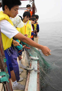 琵琶湖で刺し網を引き上げる中学生たち＝湖北町で